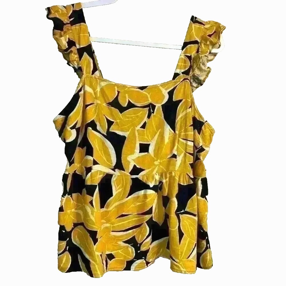 Women Large Linen Top Black Yellow Floral Cami Peplum Ruffle Resort Boho Vacay